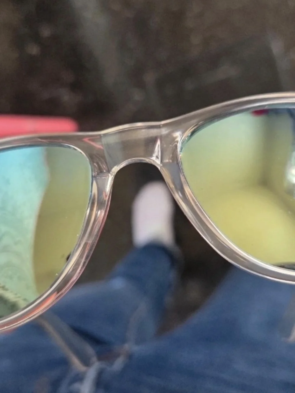 Clear Frame Sunglasses with Yellow-Green Mirrored Lenses